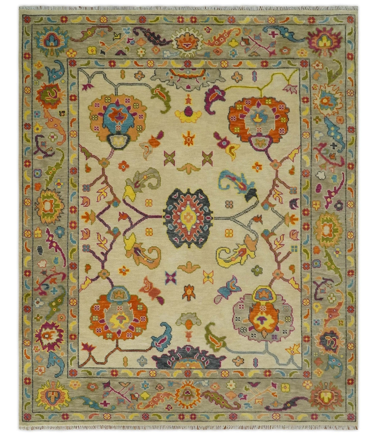 Custom Made Antique Style Beige Colorful Hand knotted Traditional Oushak wool Area Rug.