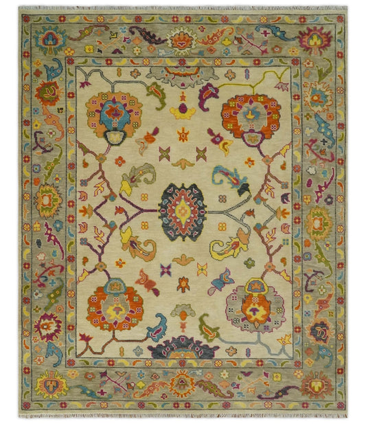 Custom Made Antique Style Beige Colorful Hand knotted Traditional Oushak wool Area Rug.