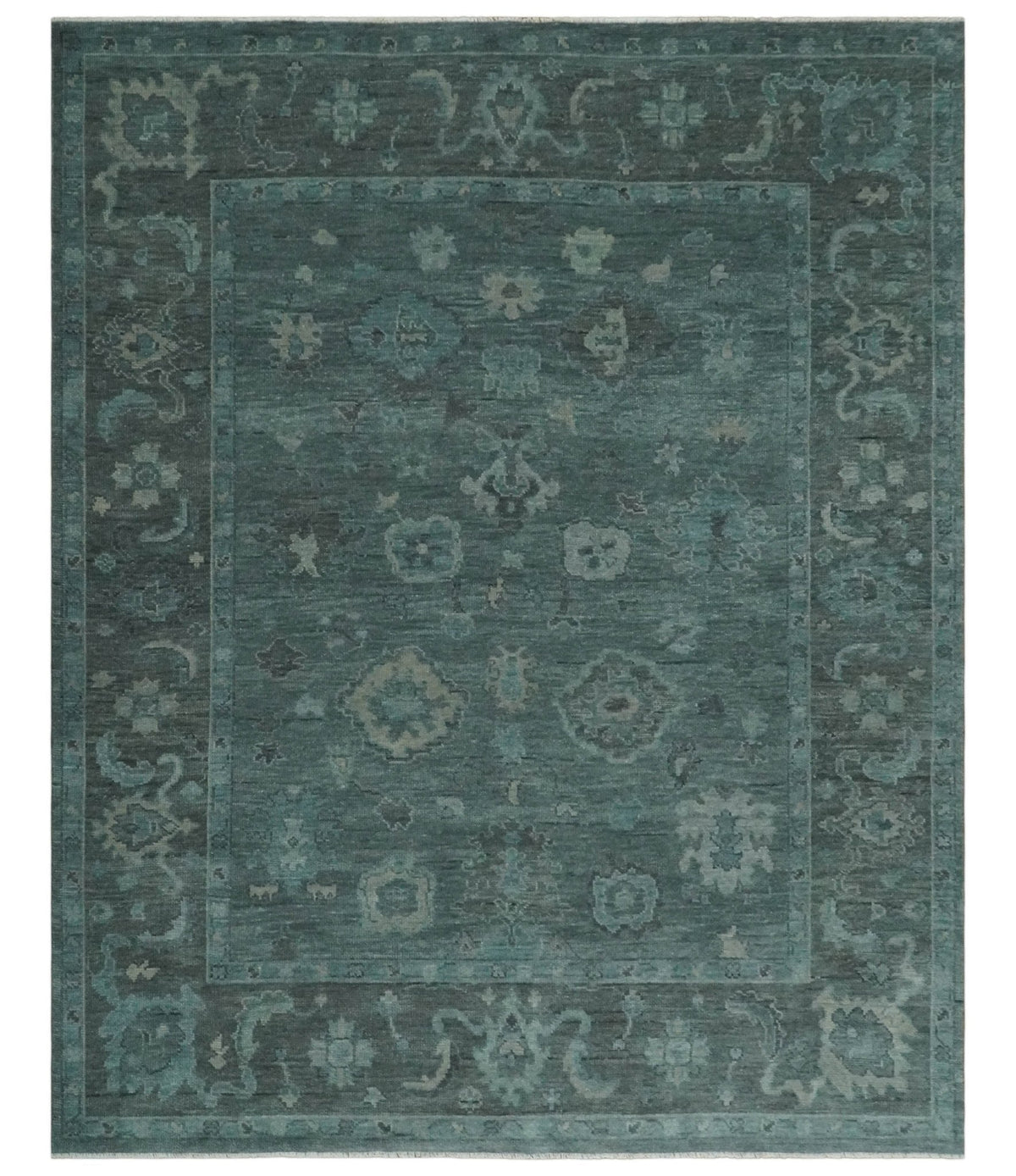 Custom Made Antique Style Blue and Charcoal Hand Knotted Oushak Wool Area Rug.