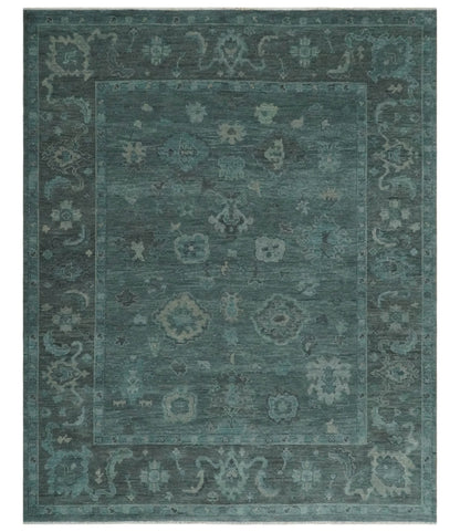 Custom Made Antique Style Blue and Charcoal Hand Knotted Oushak Wool Area Rug.