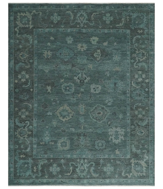 Custom Made Antique Style Blue and Charcoal Hand Knotted Oushak Wool Area Rug.