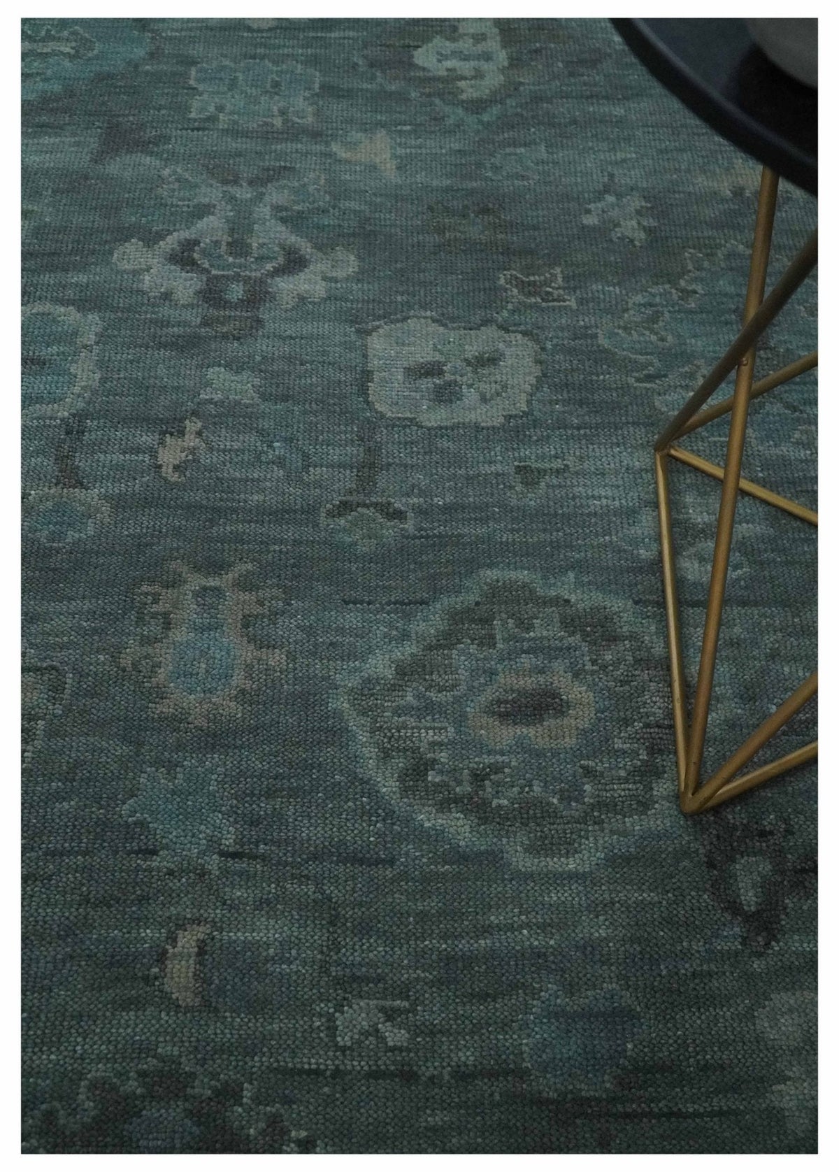 Custom Made Antique Style Blue and Charcoal Hand Knotted Oushak Wool Area Rug.