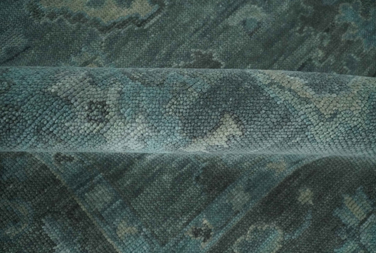 Custom Made Antique Style Blue and Charcoal Hand Knotted Oushak Wool Area Rug.