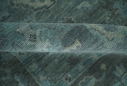 Custom Made Antique Style Blue and Charcoal Hand Knotted Oushak Wool Area Rug.