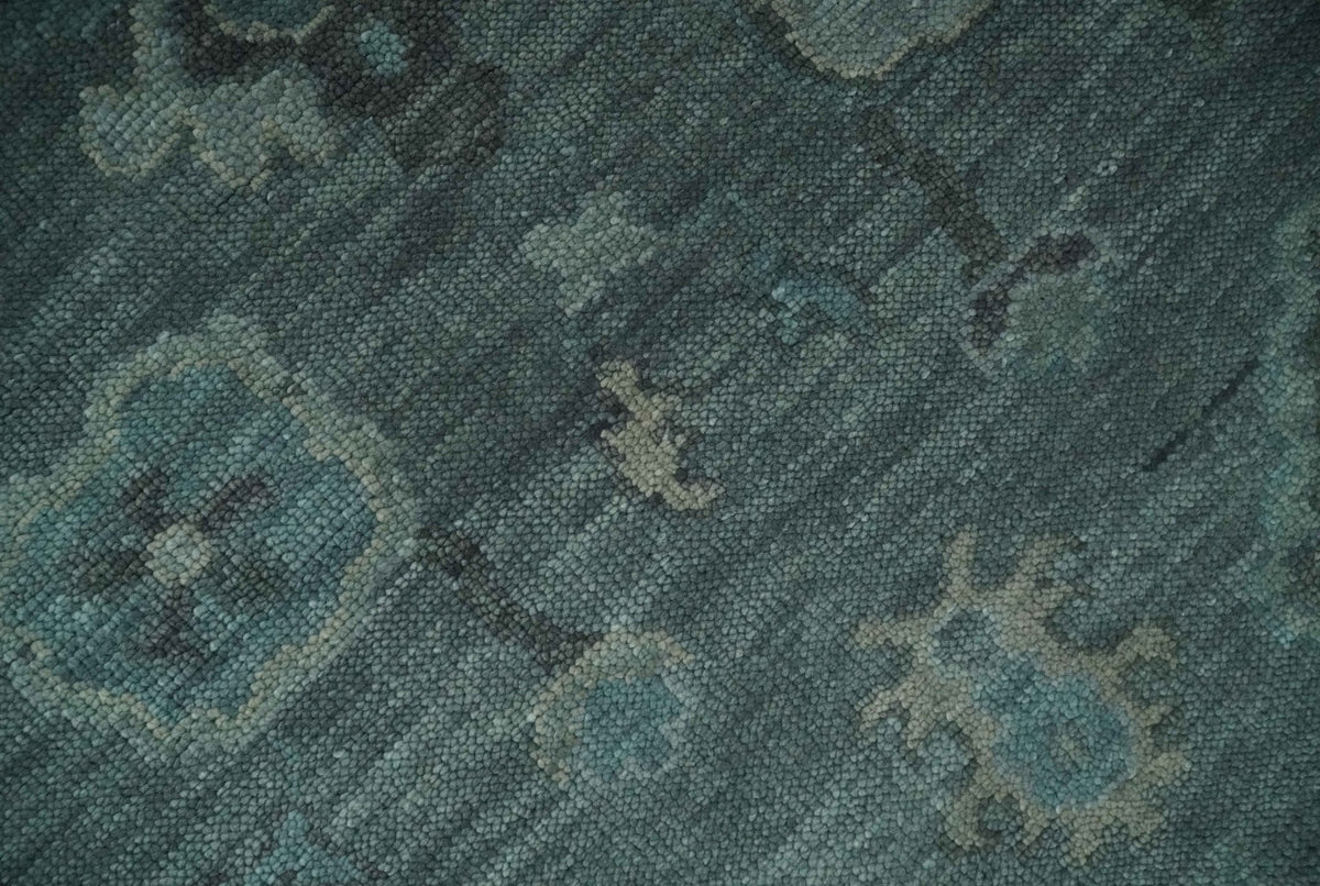 Custom Made Antique Style Blue and Charcoal Hand Knotted Oushak Wool Area Rug.