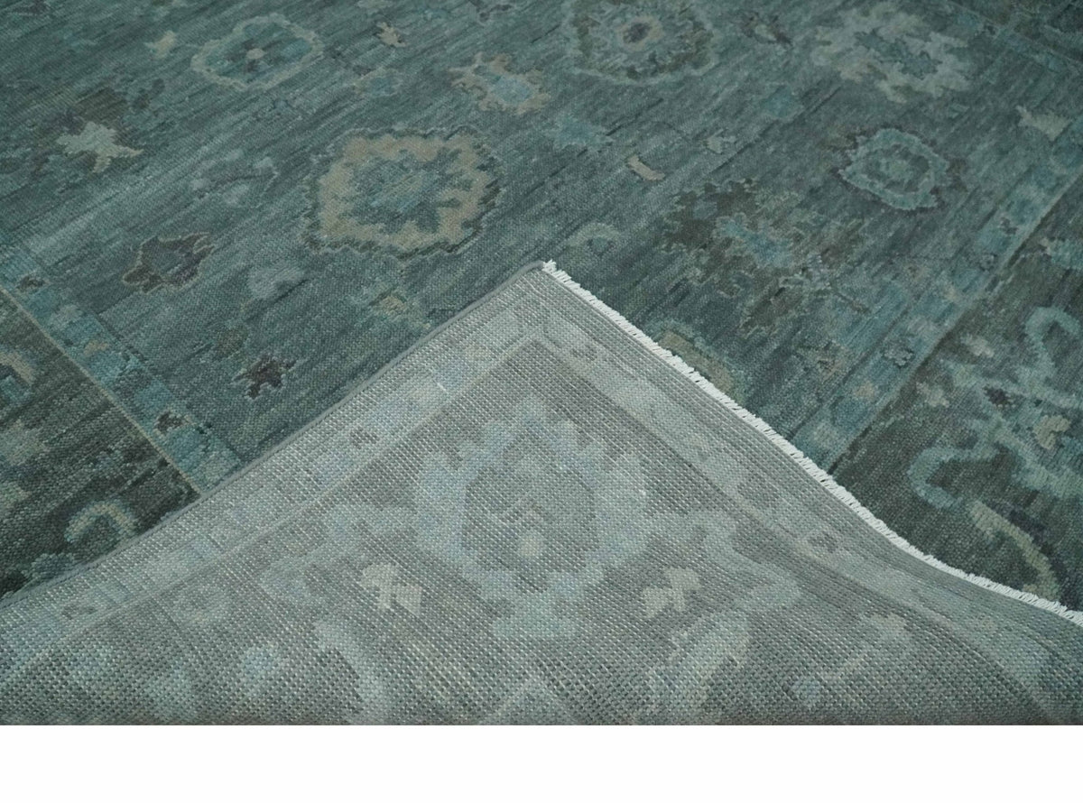 Custom Made Antique Style Blue and Charcoal Hand Knotted Oushak Wool Area Rug.