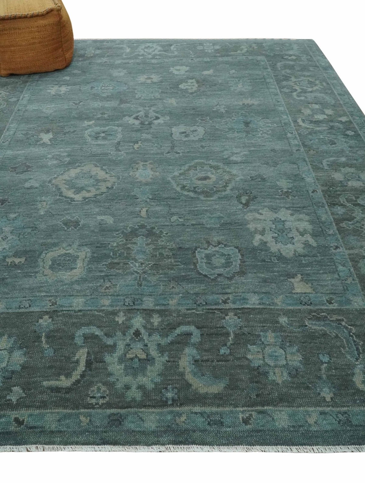 Custom Made Antique Style Blue and Charcoal Hand Knotted Oushak Wool Area Rug.