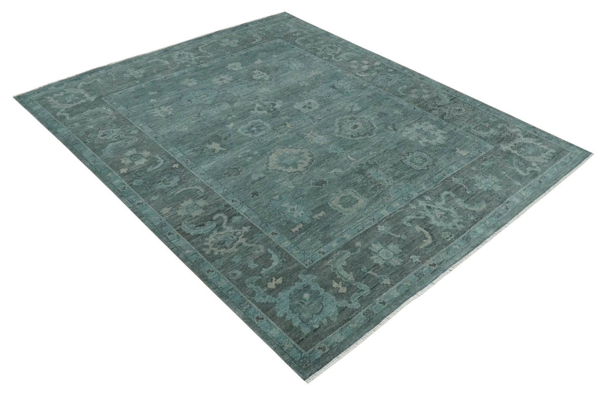 Custom Made Antique Style Blue and Charcoal Hand Knotted Oushak Wool Area Rug.