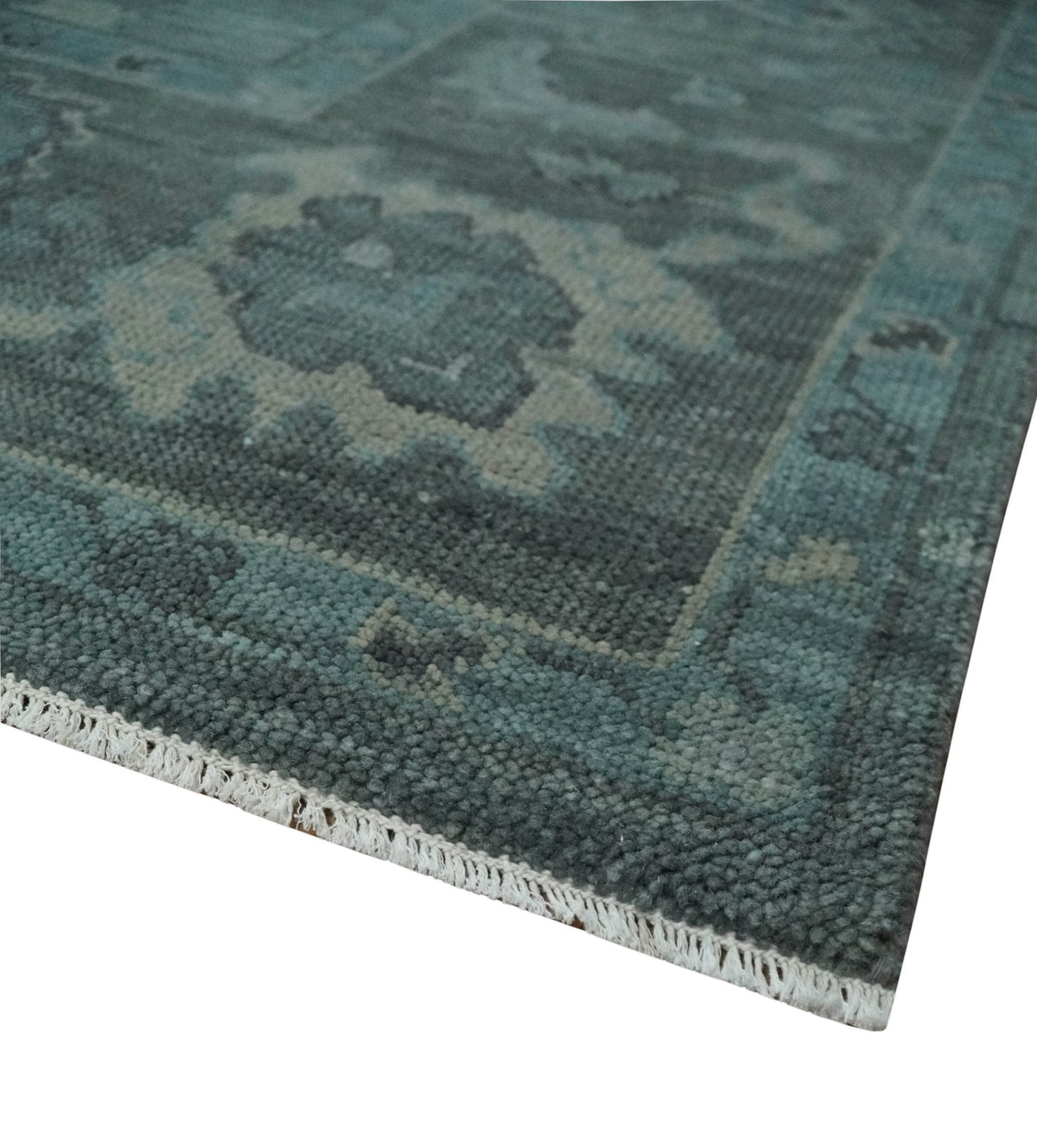 Custom Made Antique Style Blue and Charcoal Hand Knotted Oushak Wool Area Rug.