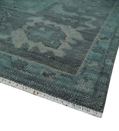 Custom Made Antique Style Blue and Charcoal Hand Knotted Oushak Wool Area Rug.