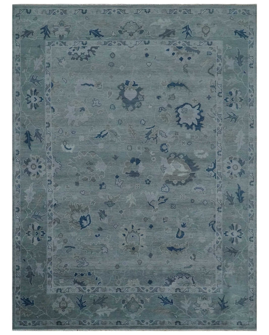 Custom made Antique style Blue and Silver Hand Knotted Oushak Wool Area Rug.
