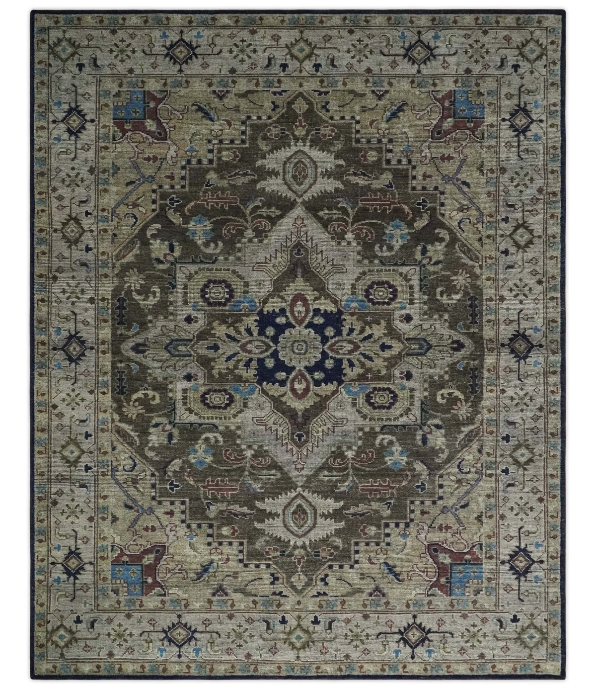 Custom Made Antique Style Brown, Beige and Blue Traditional wool Area Rug.