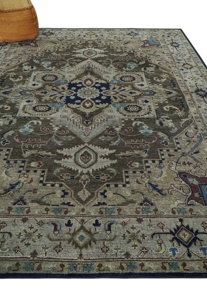 Custom Made Antique Style Brown, Beige and Blue Traditional wool Area Rug.