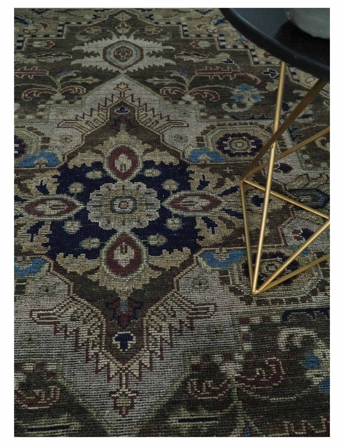 Custom Made Antique Style Brown, Beige and Blue Traditional wool Area Rug.