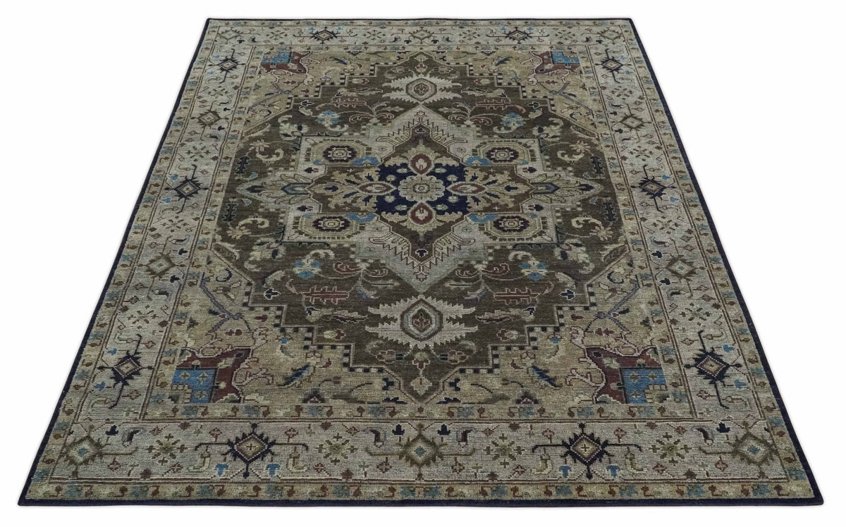 Custom Made Antique Style Brown, Beige and Blue Traditional wool Area Rug.
