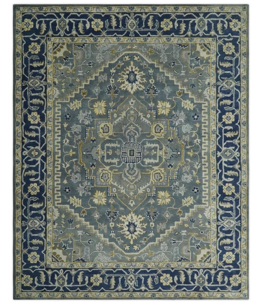 Custom Made Antique Style Gray, Blue and Beige Hand Tufted Traditional wool Area Rug.