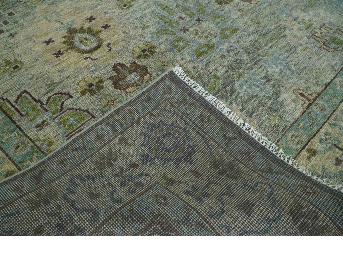 Custom Made Antique Style Green and Silver Hand knotted Traditional Oriental Oushak wool Area Rug.
