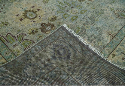 Custom Made Antique Style Green and Silver Hand knotted Traditional Oriental Oushak wool Area Rug.
