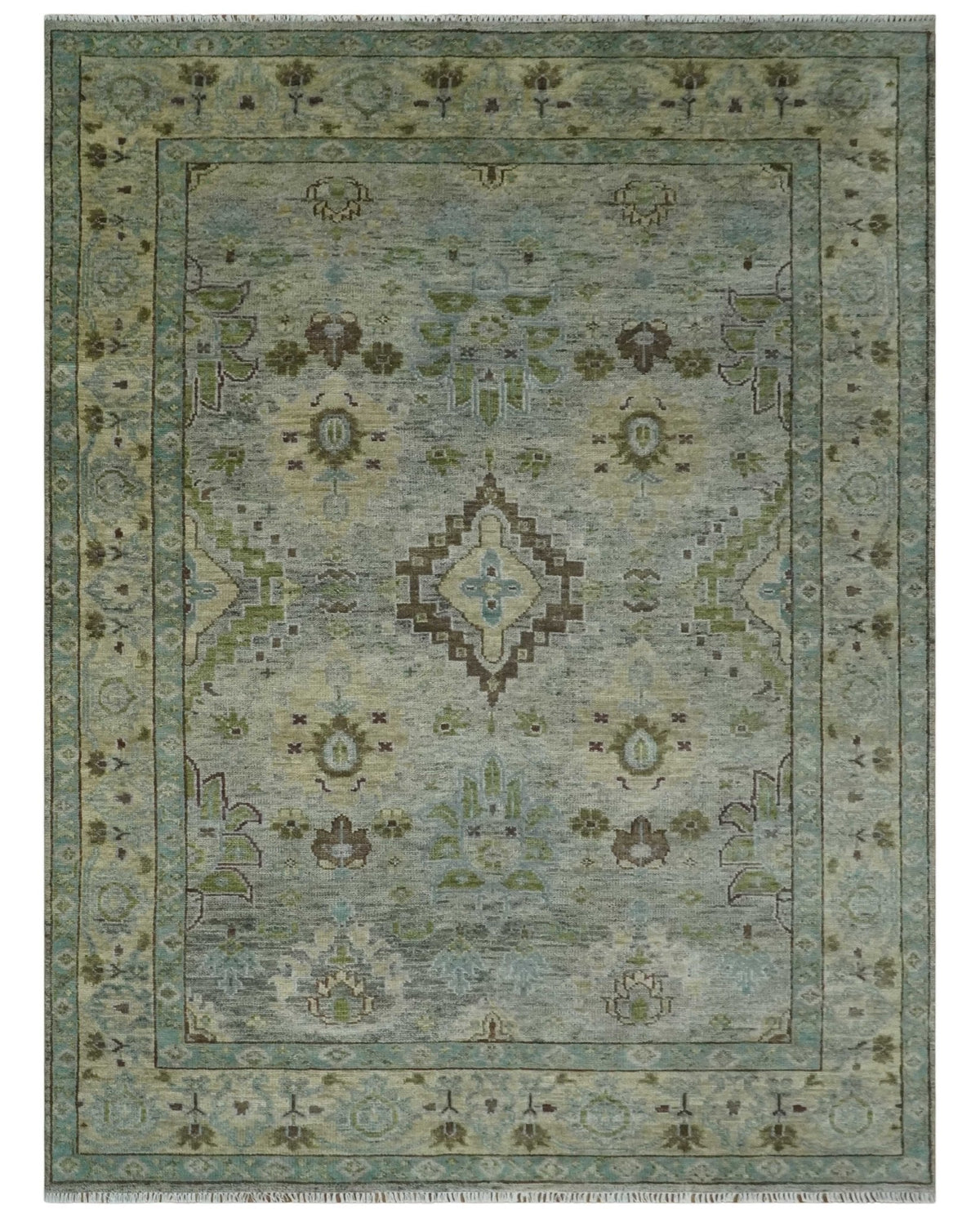 Custom Made Antique Style Green and Silver Hand knotted Traditional Oriental Oushak wool Area Rug.
