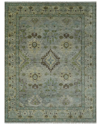 Custom Made Antique Style Green and Silver Hand knotted Traditional Oriental Oushak wool Area Rug.