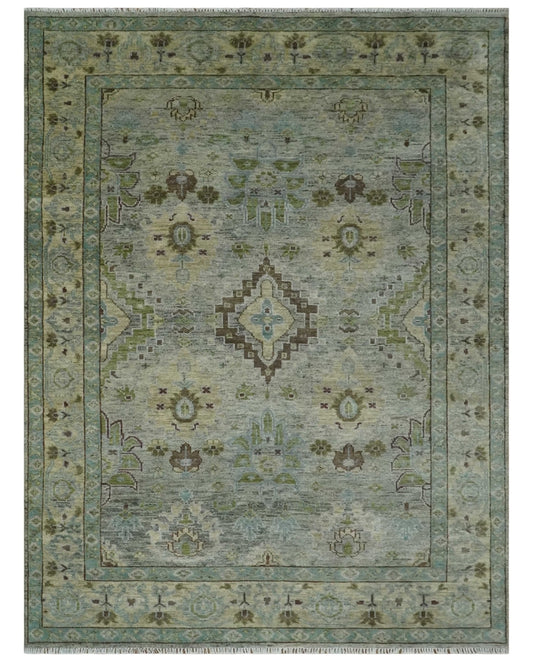 Custom Made Antique Style Green and Silver Hand knotted Traditional Oriental Oushak wool Area Rug.