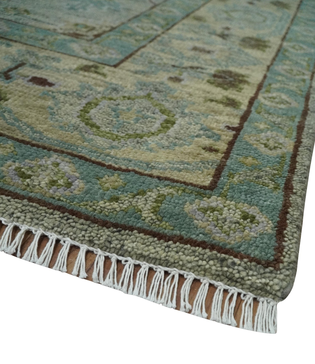 Custom Made Antique Style Green and Silver Hand knotted Traditional Oriental Oushak wool Area Rug.