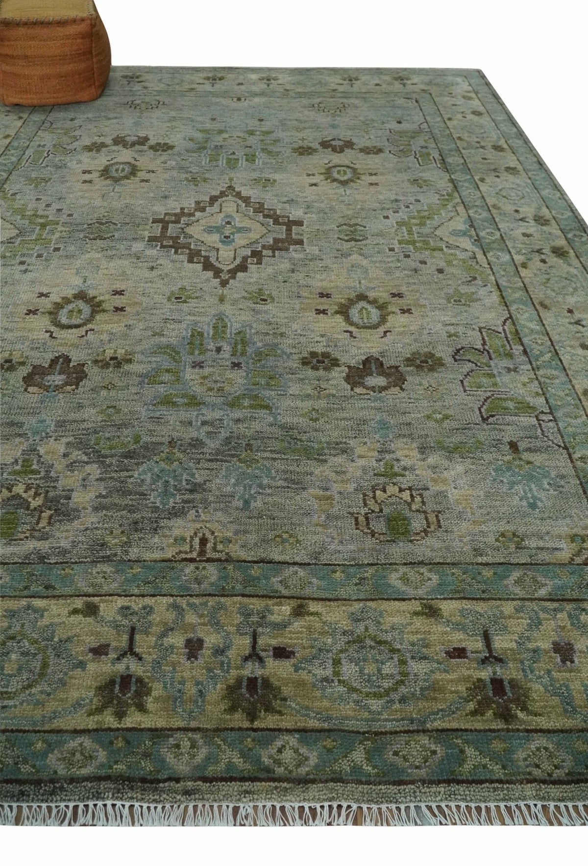 Custom Made Antique Style Green and Silver Hand knotted Traditional Oriental Oushak wool Area Rug.