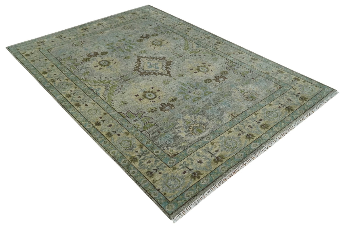 Custom Made Antique Style Green and Silver Hand knotted Traditional Oriental Oushak wool Area Rug.