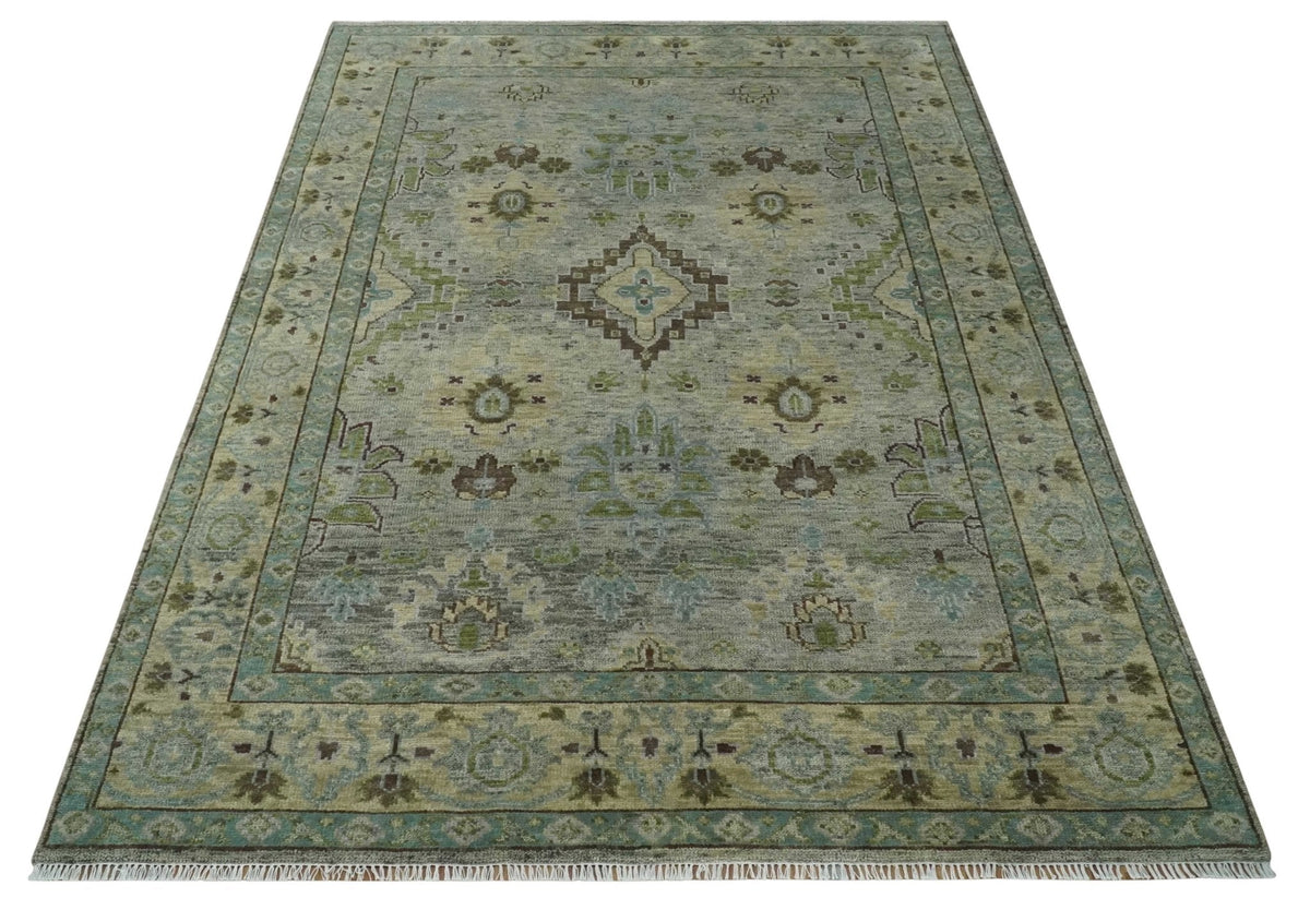 Custom Made Antique Style Green and Silver Hand knotted Traditional Oriental Oushak wool Area Rug.
