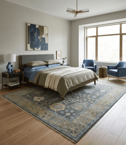 Custom Made Antique Style Hand Knotted Gray and Beige Floral Wool Rug.