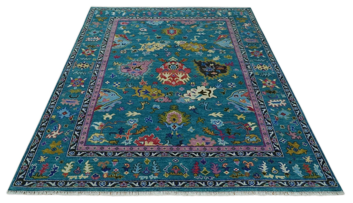 Custom Made Antique Style Hand Knotted Teal and Purple Traditional Oushak Multi Size Wool Rug.
