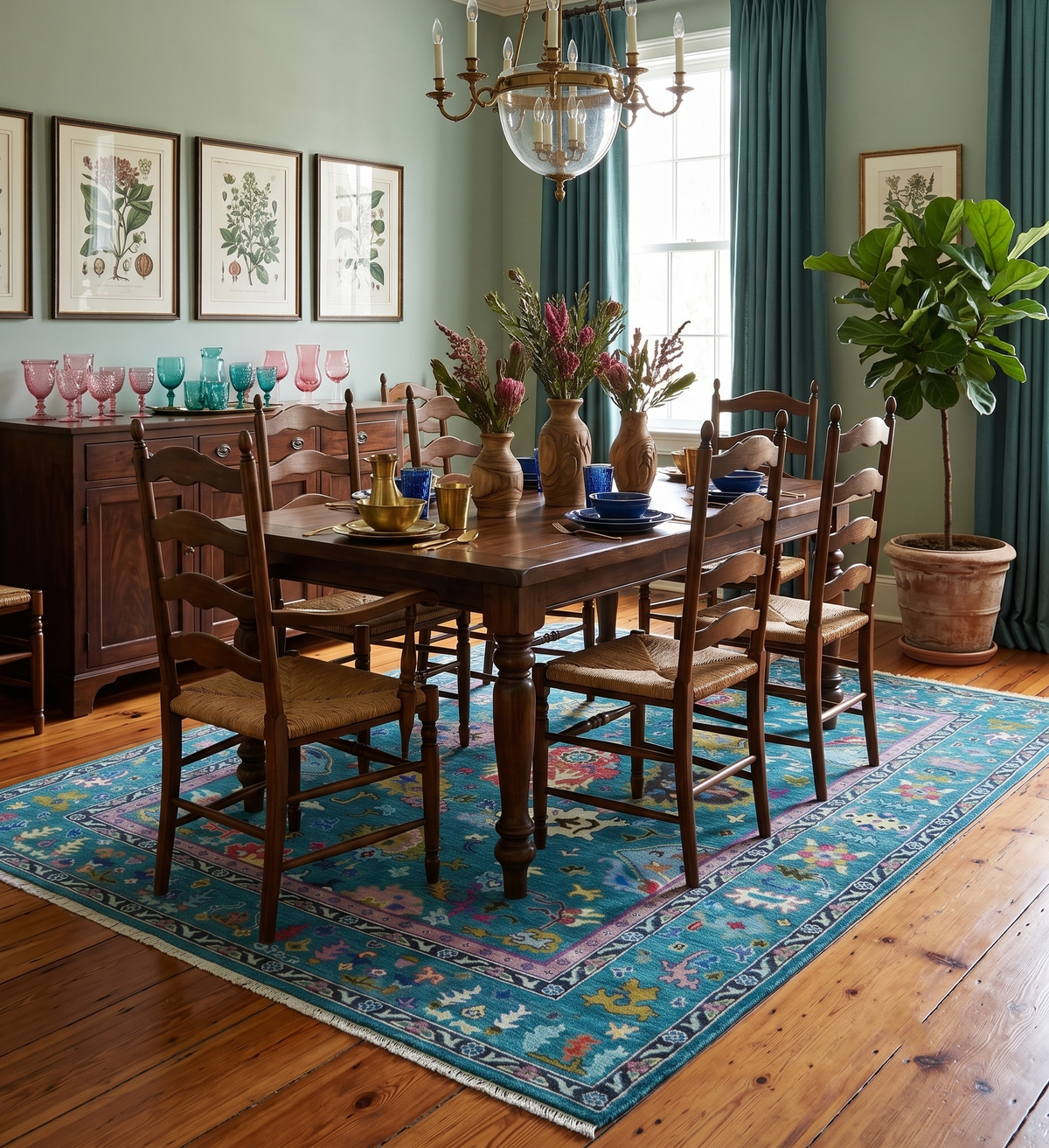 Custom Made Antique Style Hand Knotted Teal and Purple Traditional Oushak Multi Size Wool Rug.