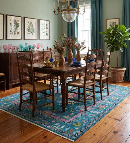 Custom Made Antique Style Hand Knotted Teal and Purple Traditional Oushak Multi Size Wool Rug.