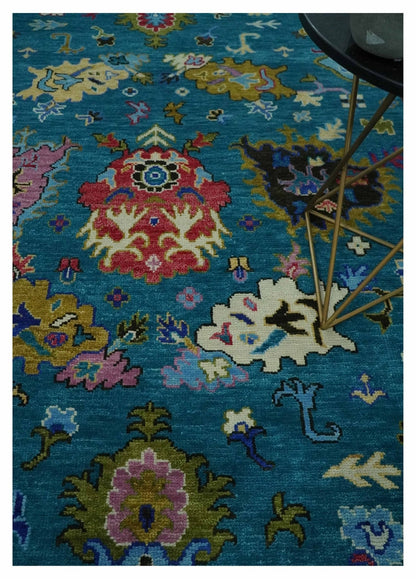 Custom Made Antique Style Hand Knotted Teal and Purple Traditional Oushak Multi Size Wool Rug.