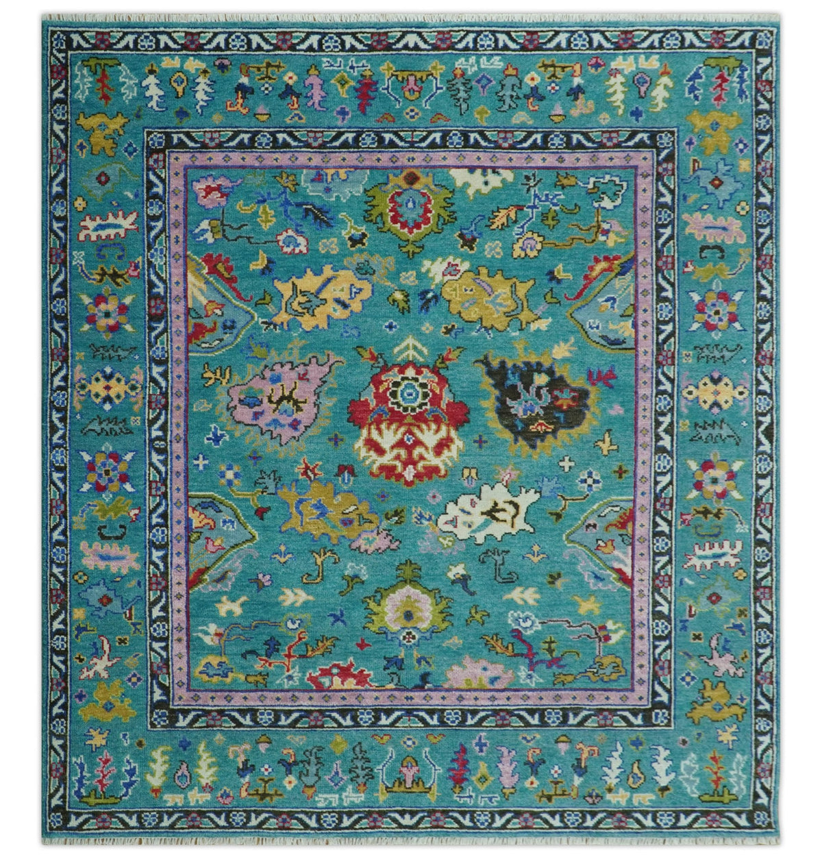 Custom Made Antique Style Hand Knotted Teal and Purple Traditional Oushak Multi Size Wool Rug.