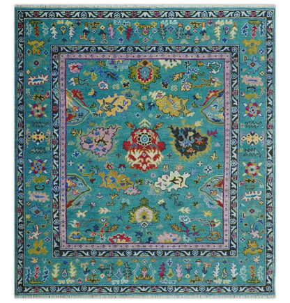 Custom Made Antique Style Hand Knotted Teal and Purple Traditional Oushak Multi Size Wool Rug.