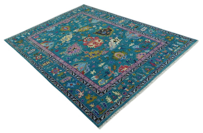Custom Made Antique Style Hand Knotted Teal and Purple Traditional Oushak Multi Size Wool Rug.