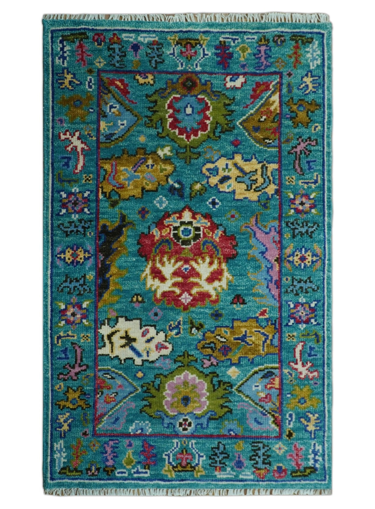 Custom Made Antique Style Hand Knotted Teal and Purple Traditional Oushak Multi Size Wool Rug.
