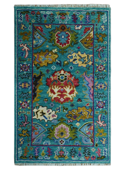 Custom Made Antique Style Hand Knotted Teal and Purple Traditional Oushak Multi Size Wool Rug.