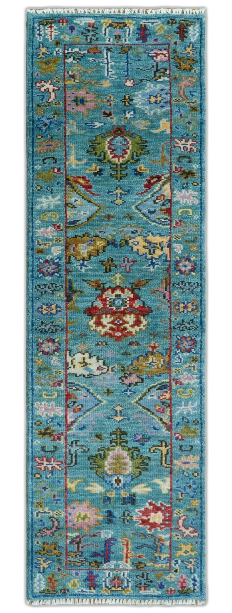 Custom Made Antique Style Hand Knotted Teal and Purple Traditional Oushak Multi Size Wool Rug.
