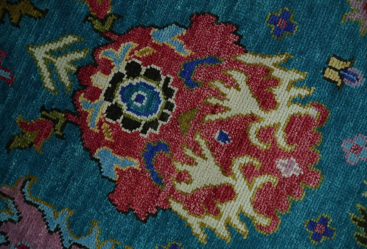 Custom Made Antique Style Hand Knotted Teal and Purple Traditional Oushak Multi Size Wool Rug.