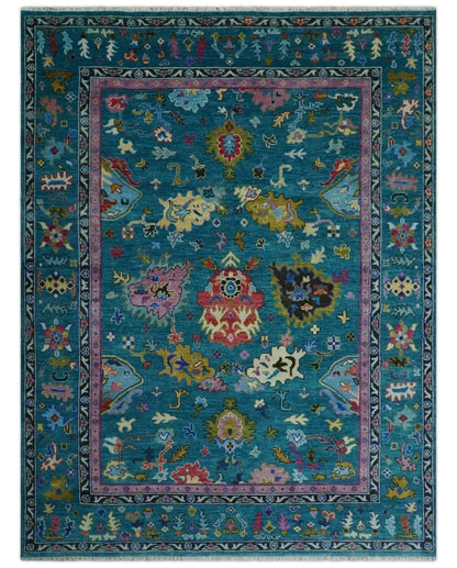 Custom Made Antique Style Hand Knotted Teal and Purple Traditional Oushak Multi Size Wool Rug.