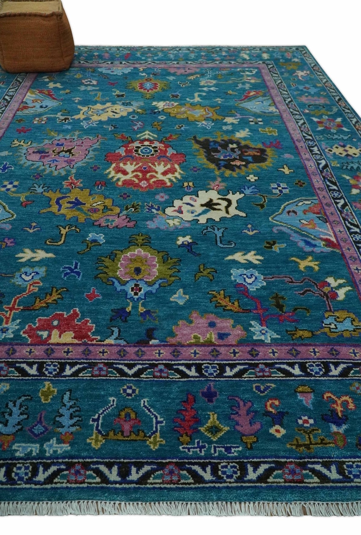 Custom Made Antique Style Hand Knotted Teal and Purple Traditional Oushak Multi Size Wool Rug.