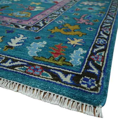 Custom Made Antique Style Hand Knotted Teal and Purple Traditional Oushak Multi Size Wool Rug.