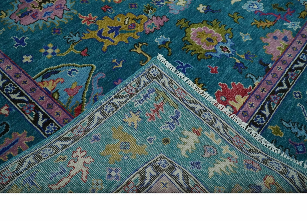 Custom Made Antique Style Hand Knotted Teal and Purple Traditional Oushak Multi Size Wool Rug.