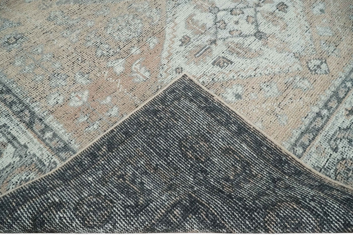 Custom Made Antique Style Peach, Ivory and Charcoal Hand knotted Traditional Wool Rug.