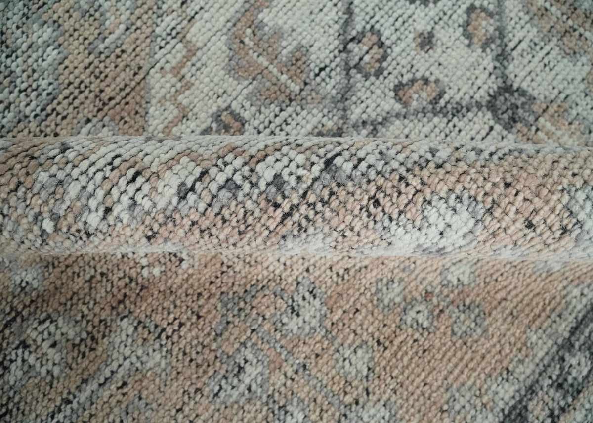 Custom Made Antique Style Peach, Ivory and Charcoal Hand knotted Traditional Wool Rug.