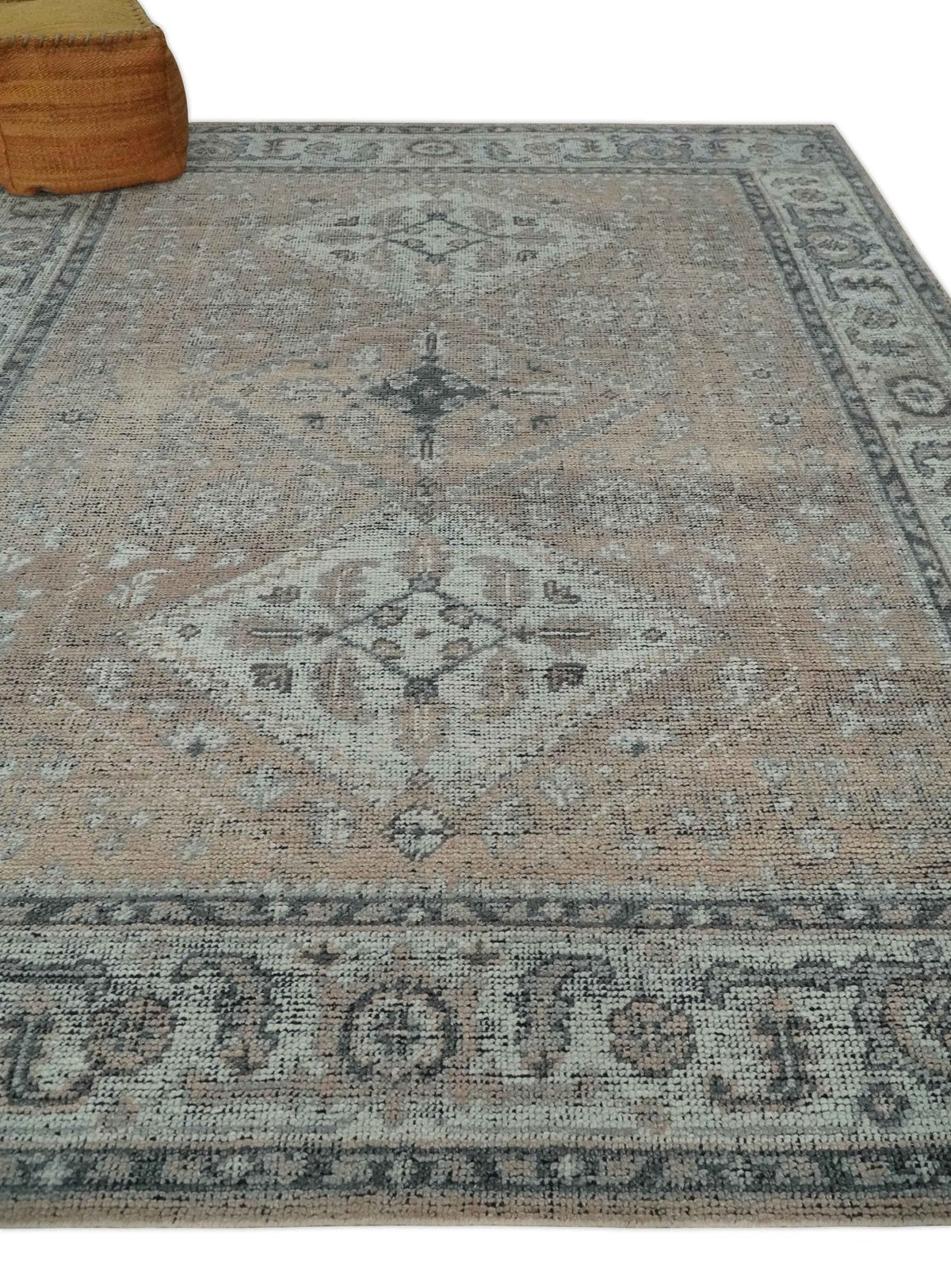 Custom Made Antique Style Peach, Ivory and Charcoal Hand knotted Traditional Wool Rug.