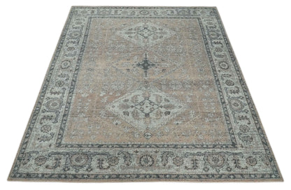 Custom Made Antique Style Peach, Ivory and Charcoal Hand knotted Traditional Wool Rug.