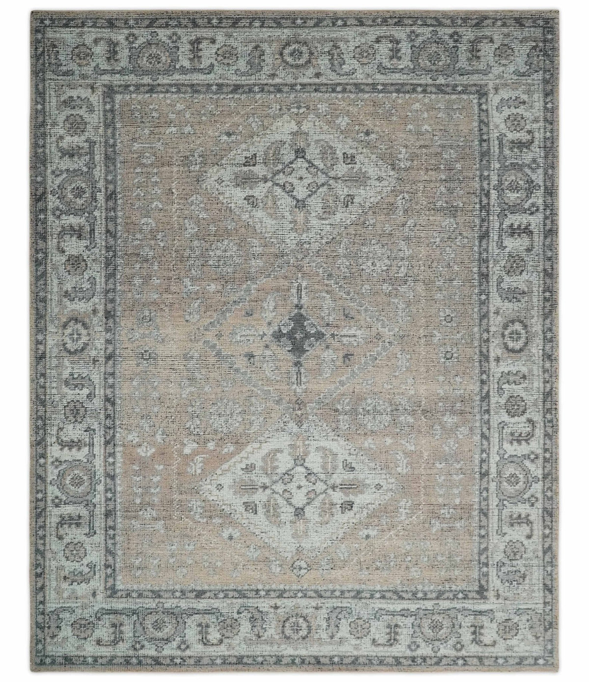 Custom Made Antique Style Peach, Ivory and Charcoal Hand knotted Traditional Wool Rug.